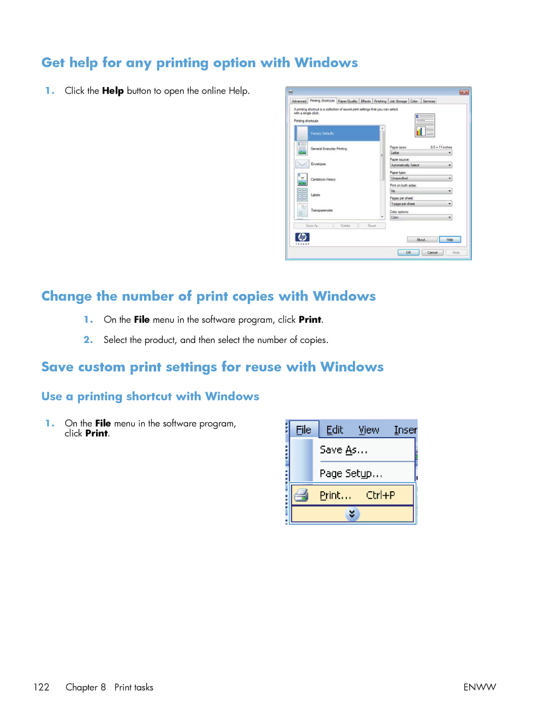 HP M551DN manual Get help for any printing option with Windows, Change the number of print copies with Windows 