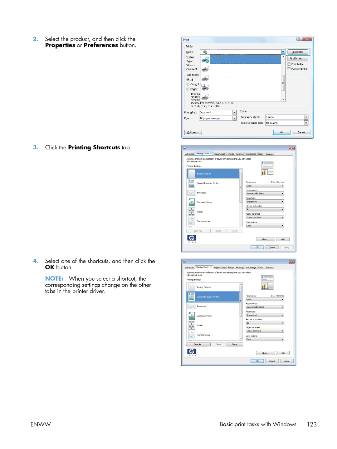 HP M551DN manual Click the Printing Shortcuts tab 