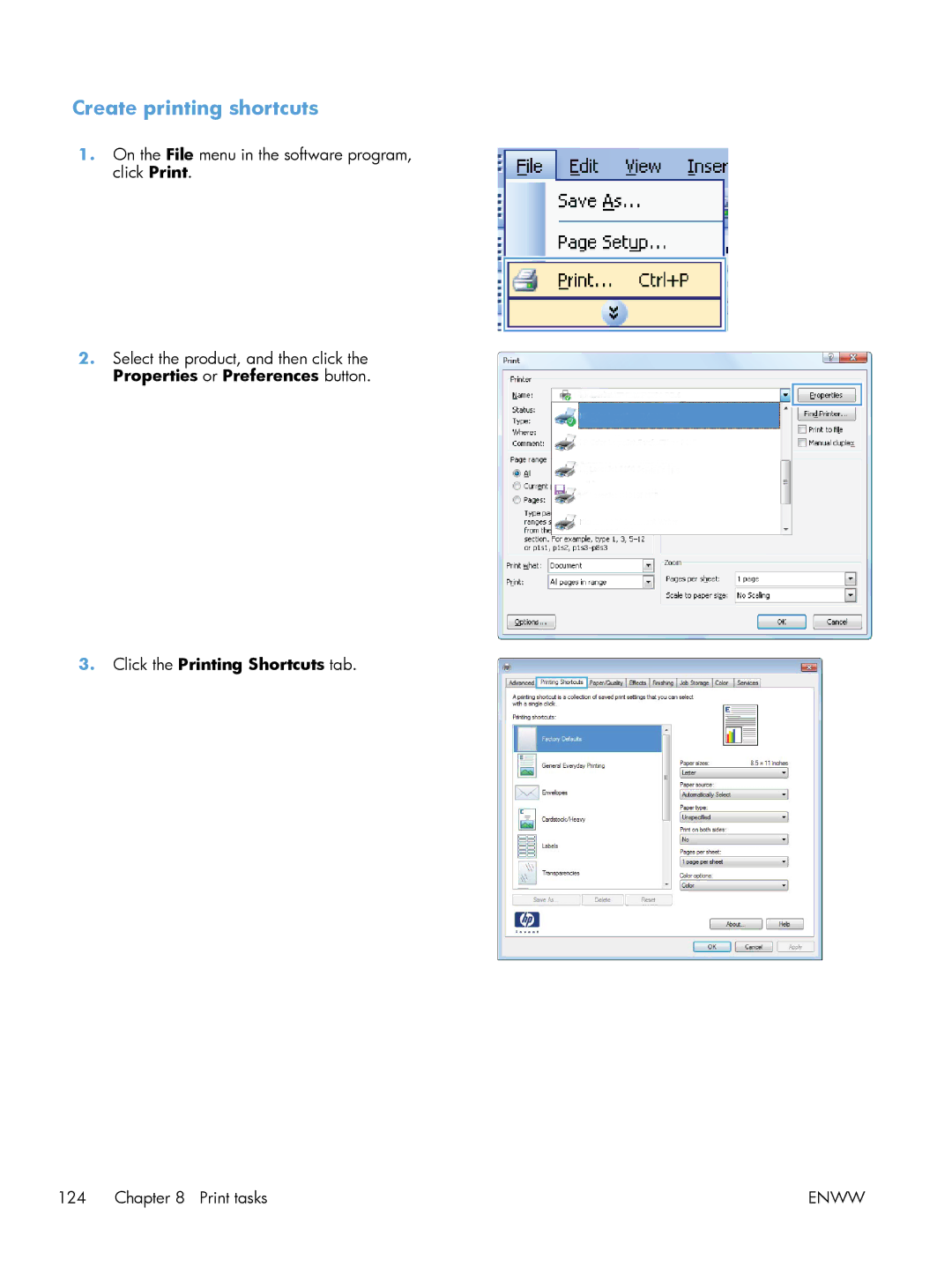 HP M551DN manual Create printing shortcuts 