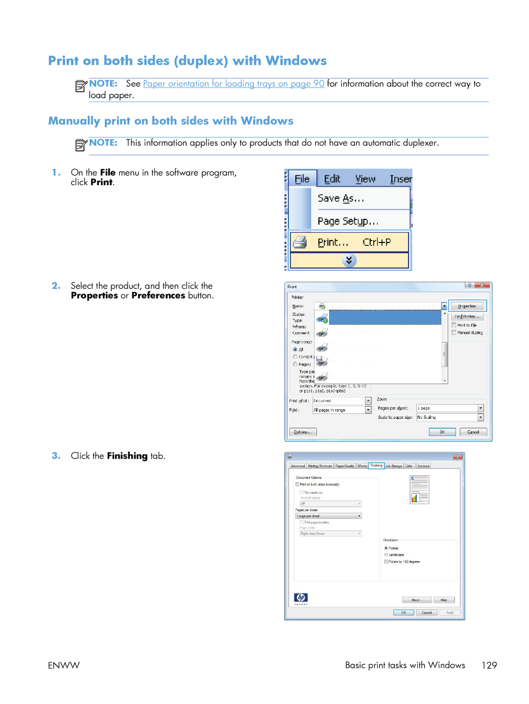 HP M551DN manual Print on both sides duplex with Windows, Manually print on both sides with Windows 