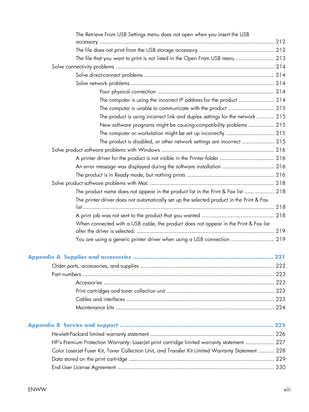 HP M551DN manual Appendix a Supplies and accessories 221, Appendix B Service and support 225 