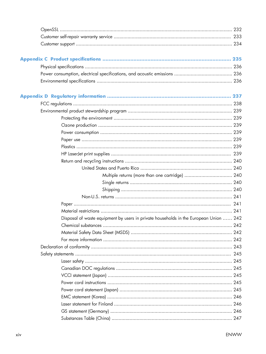 HP M551DN manual Appendix C Product specifications 235, Appendix D Regulatory information 237 