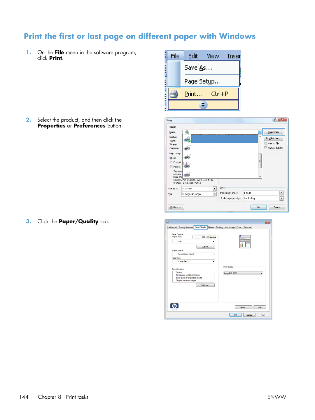 HP M551DN manual Print the first or last page on different paper with Windows 