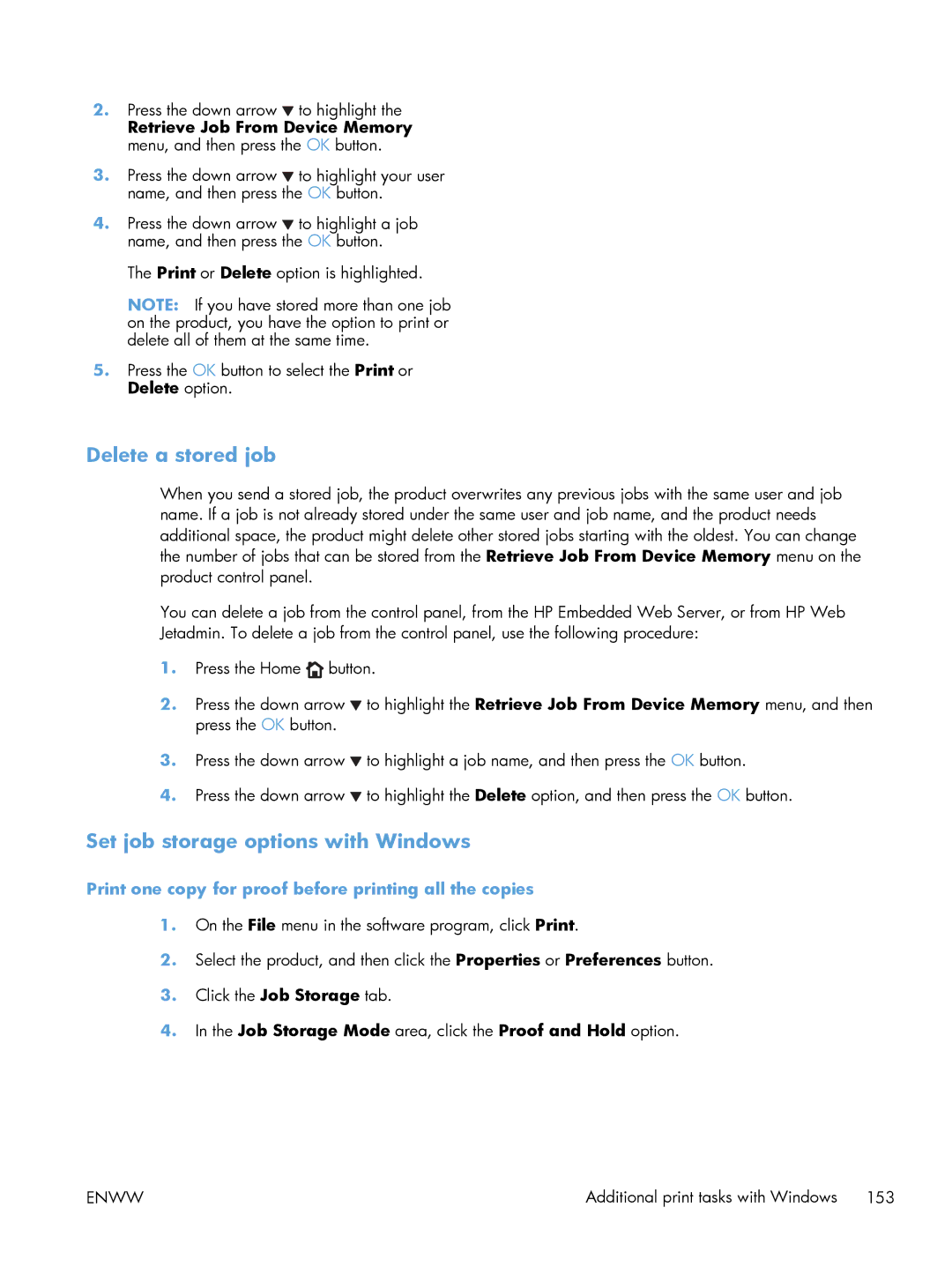 HP M551DN manual Delete a stored job, Set job storage options with Windows 