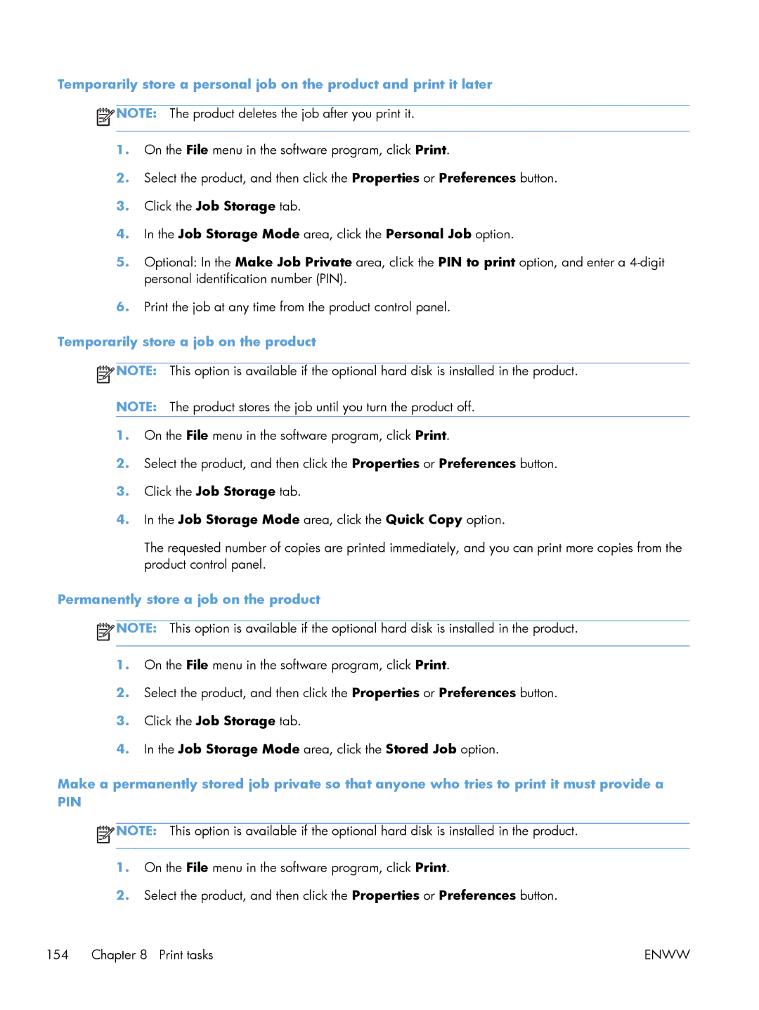 HP M551DN manual Temporarily store a job on the product, Permanently store a job on the product 