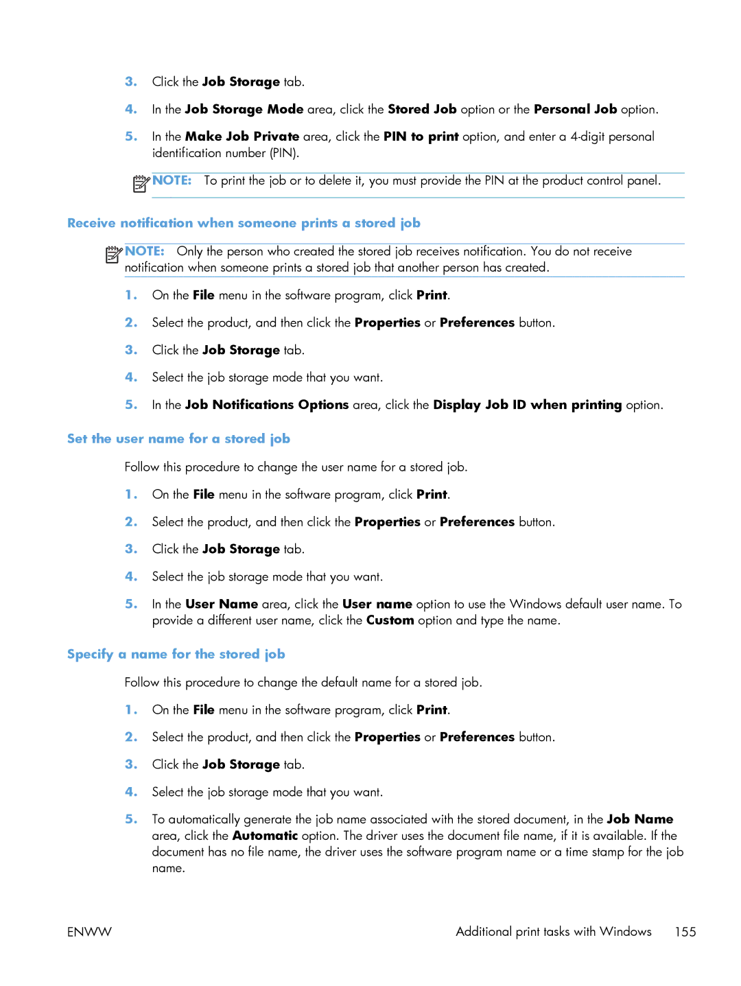 HP M551DN manual Receive notification when someone prints a stored job, Set the user name for a stored job 