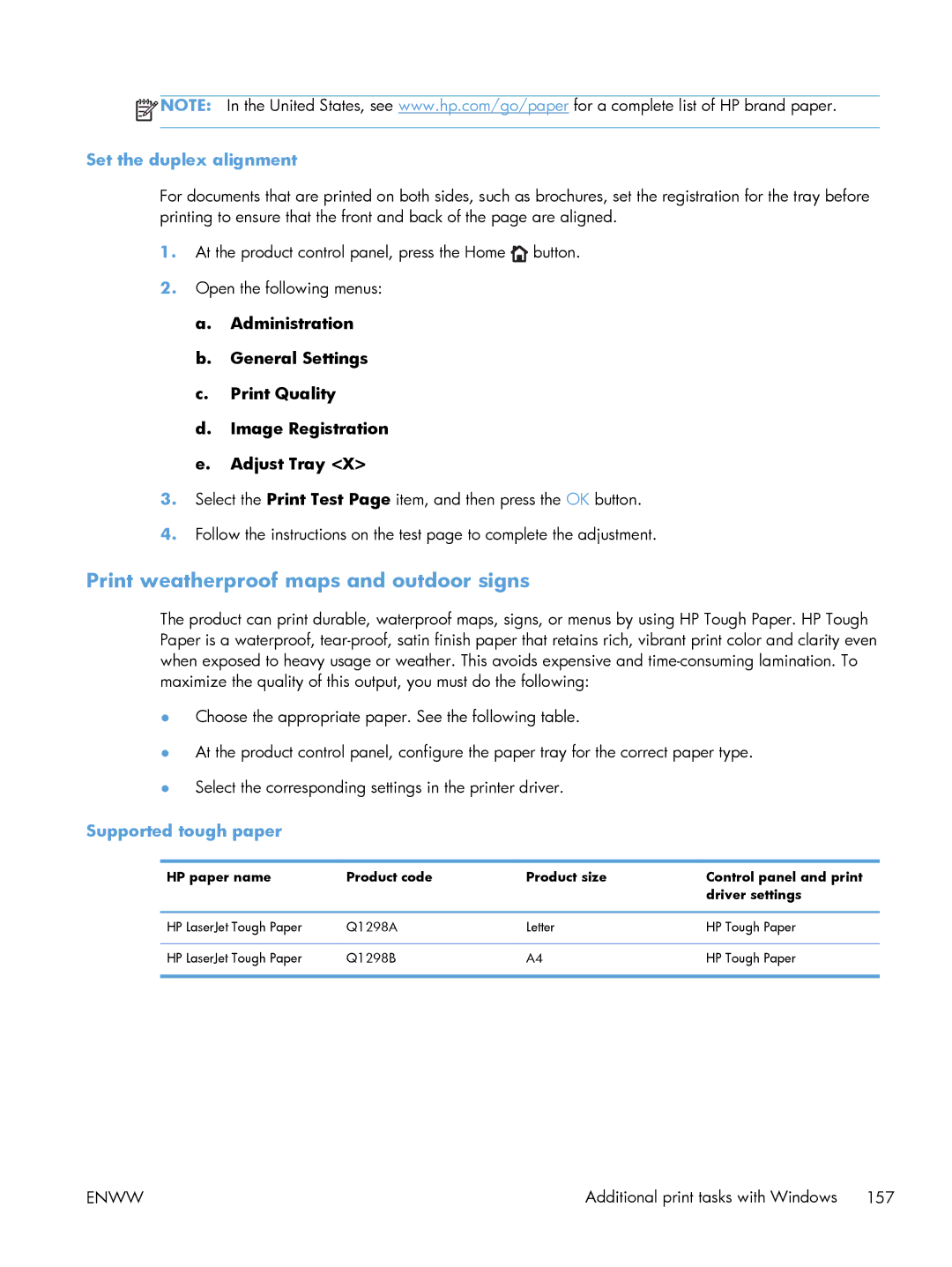 HP M551DN manual Print weatherproof maps and outdoor signs, Set the duplex alignment, Supported tough paper 