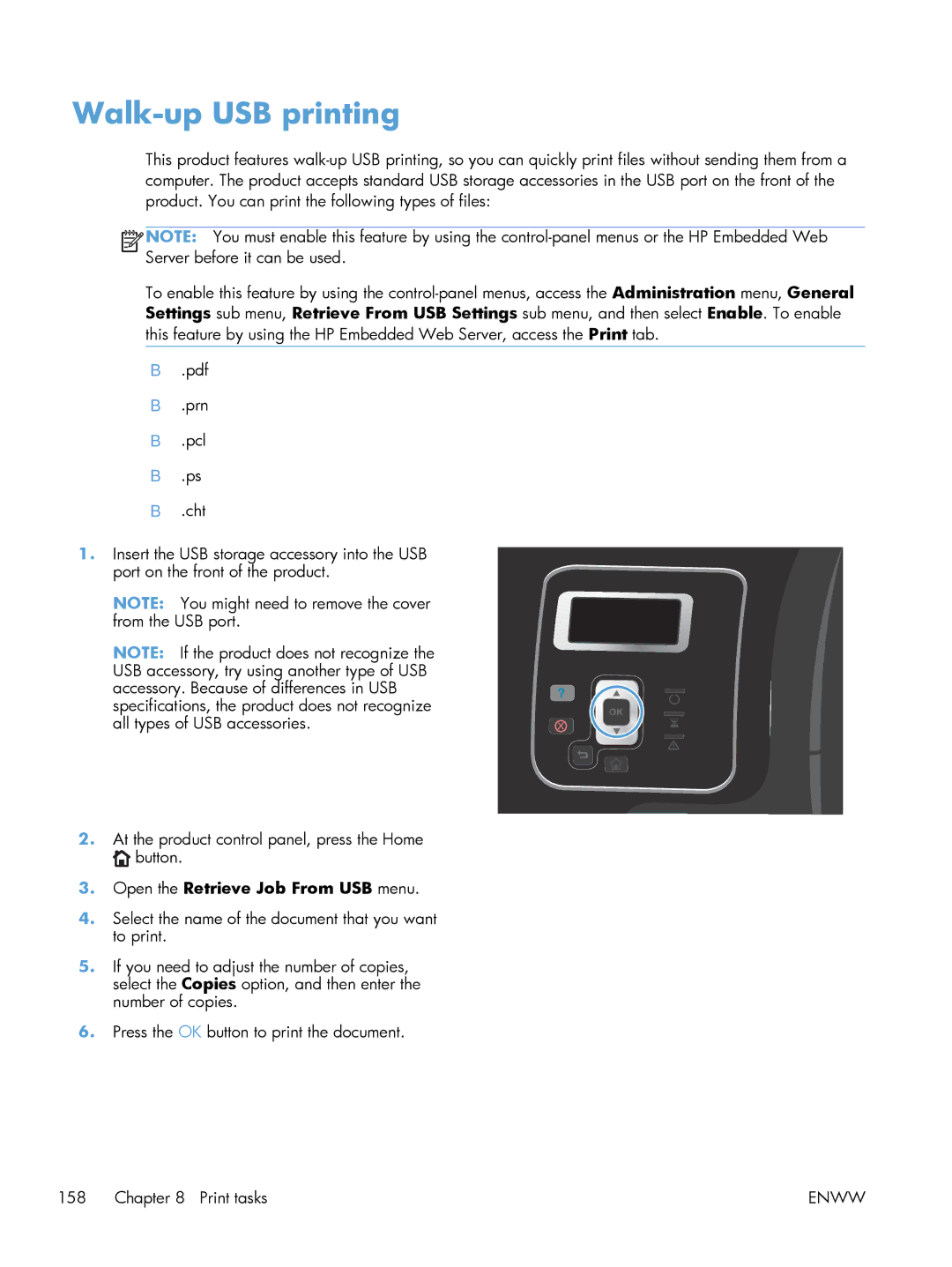 HP M551DN manual Walk-up USB printing, Open the Retrieve Job From USB menu 