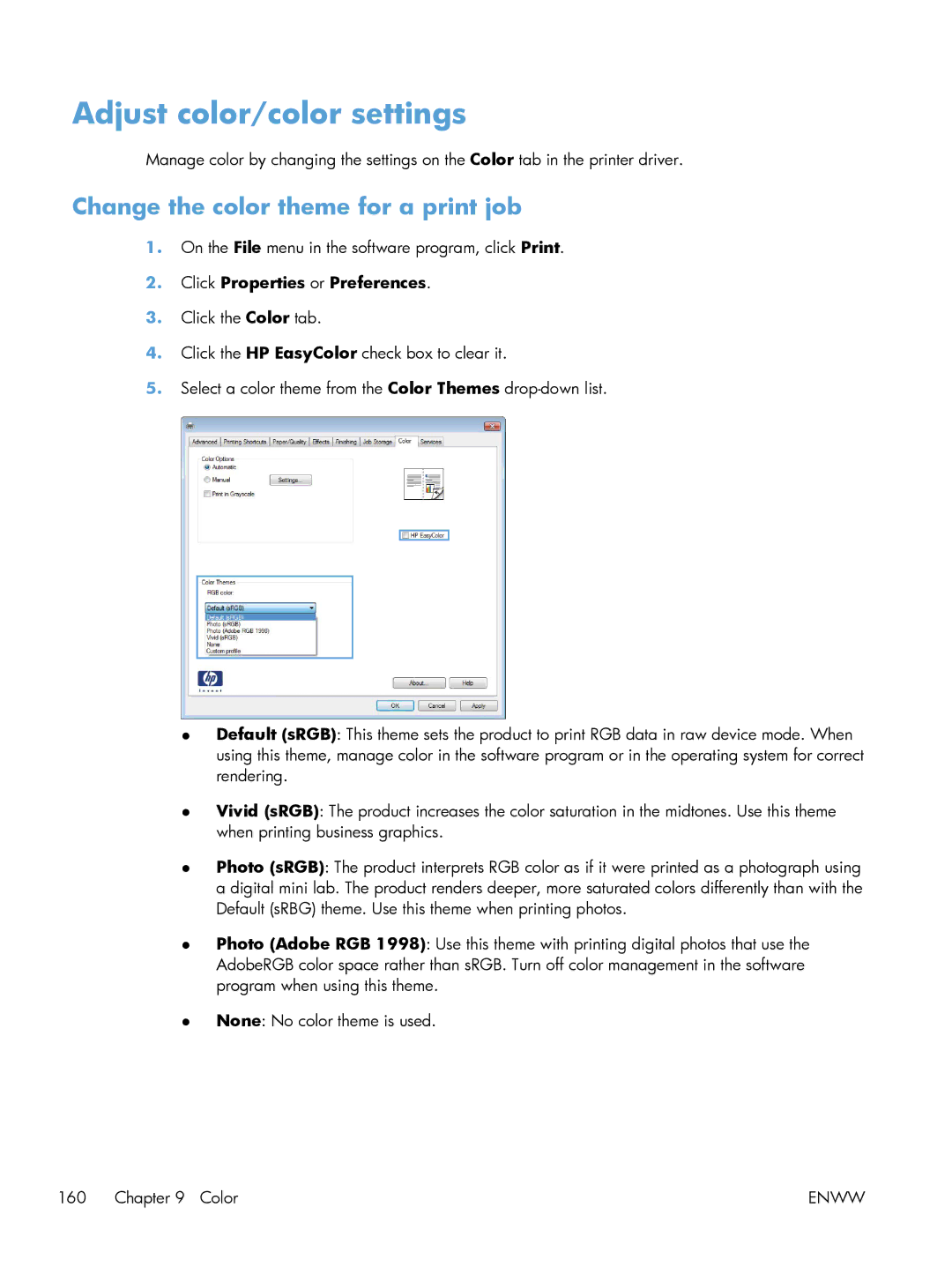 HP M551DN manual Adjust color/color settings, Change the color theme for a print job, Click Properties or Preferences 