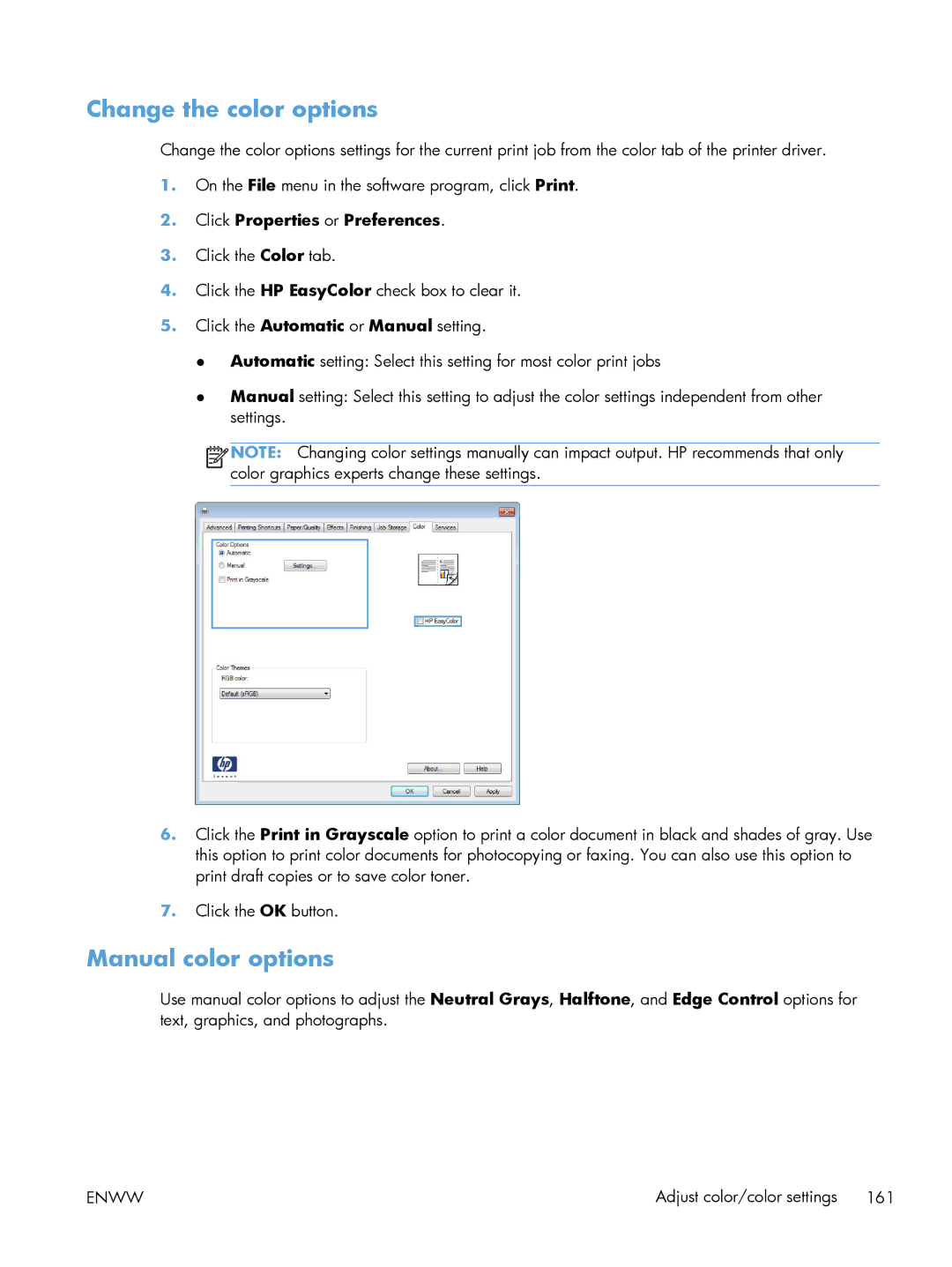 HP M551DN manual Change the color options, Manual color options 