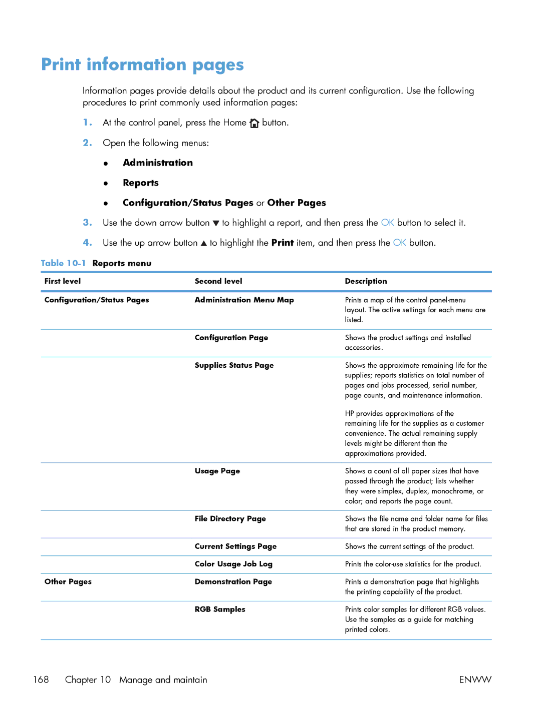 HP M551DN manual Print information pages, 1Reports menu, Configuration, Other Pages Demonstration 