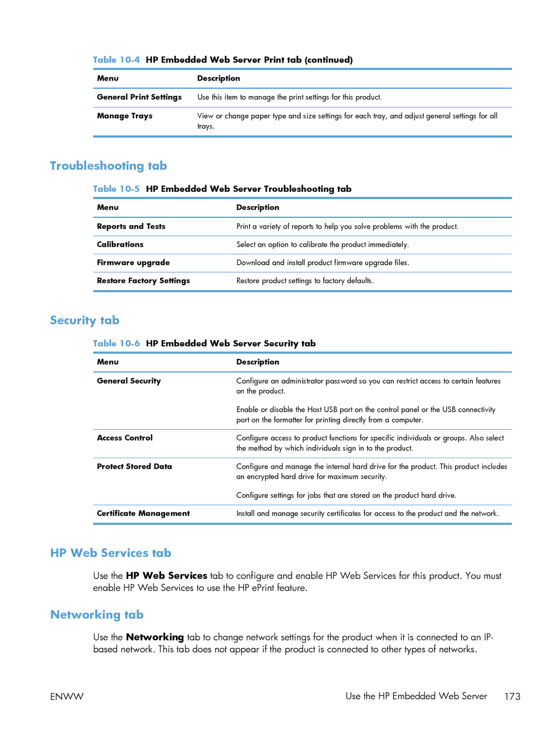 HP M551DN manual Troubleshooting tab, Security tab, HP Web Services tab, Networking tab 