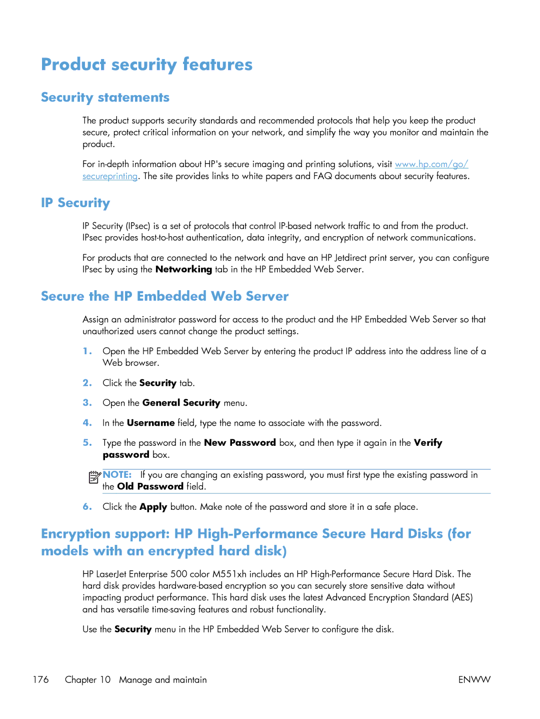 HP M551DN manual Product security features, Security statements, IP Security, Secure the HP Embedded Web Server 