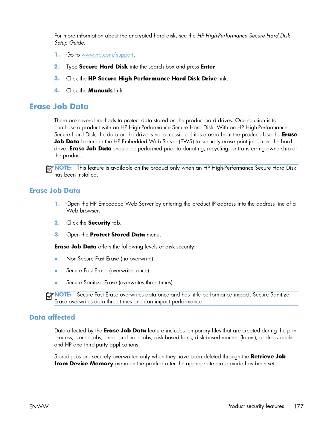 HP M551DN manual Erase Job Data, Data affected, Click the HP Secure High Performance Hard Disk Drive link 