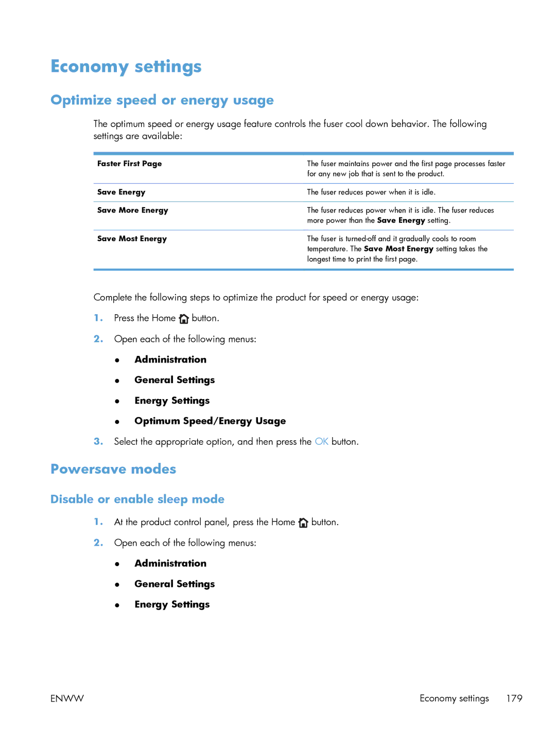 HP M551DN manual Economy settings, Optimize speed or energy usage, Powersave modes, Disable or enable sleep mode 