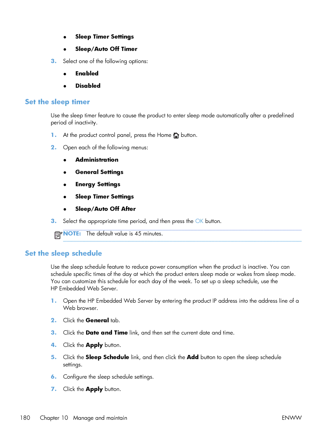 HP M551DN manual Set the sleep timer, Set the sleep schedule, Sleep Timer Settings Sleep/Auto Off Timer, Enabled Disabled 