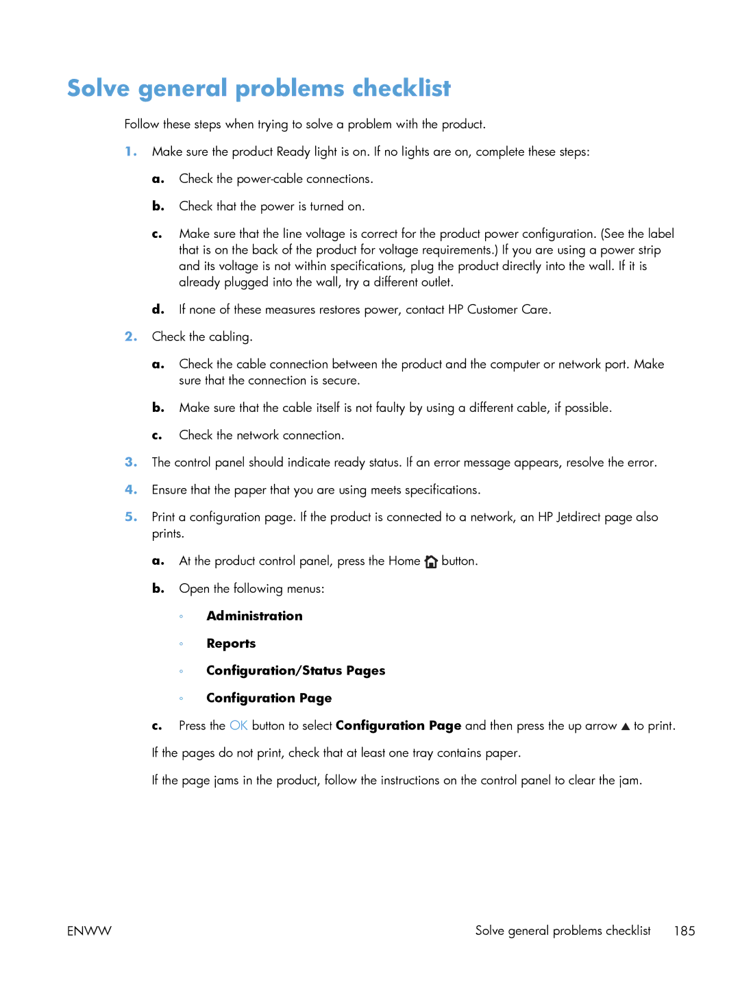 HP M551DN manual Solve general problems checklist, Administration Reports Configuration/Status Pages 