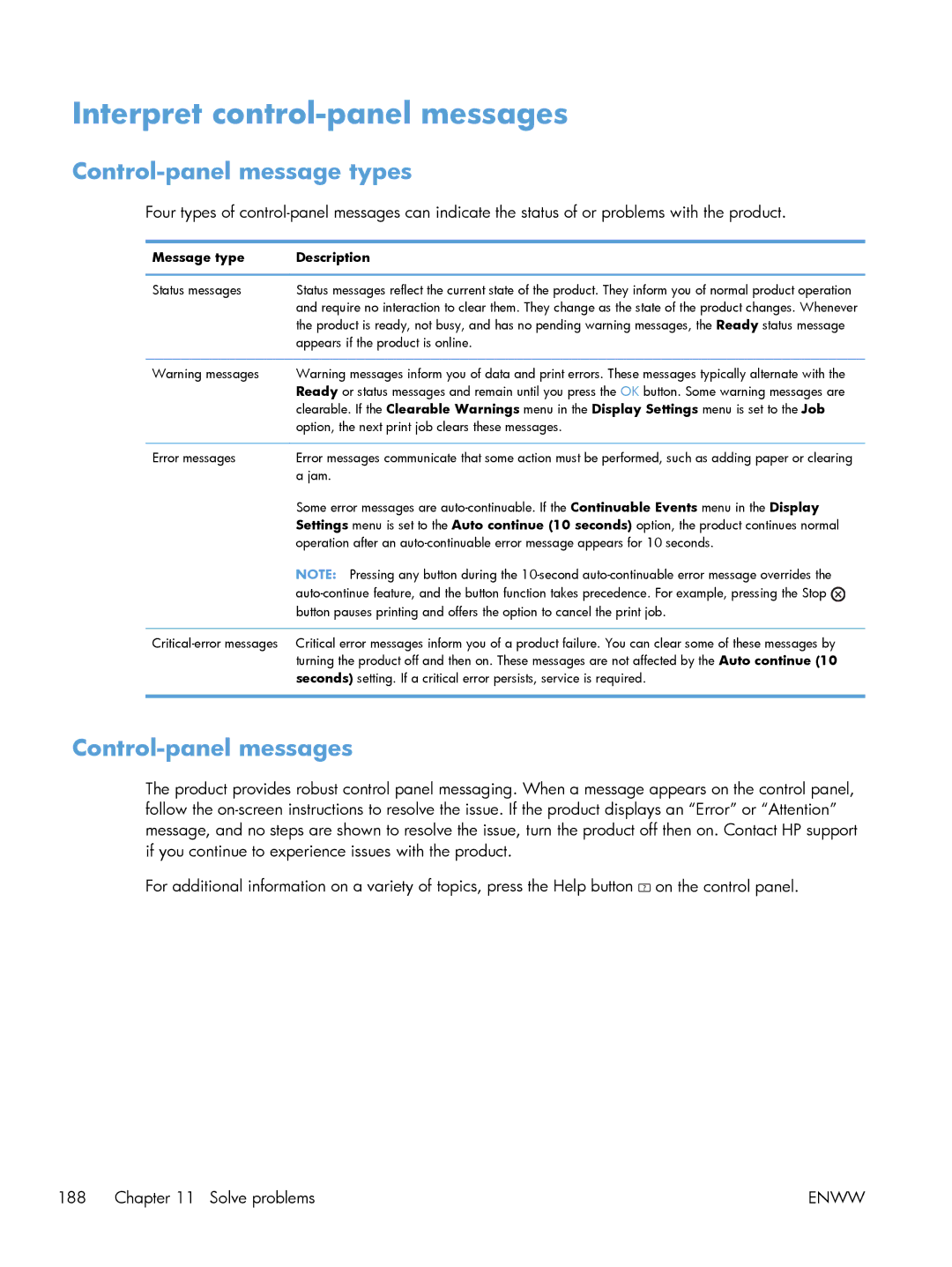 HP M551DN Interpret control-panel messages, Control-panel message types, Control-panel messages, Message type Description 