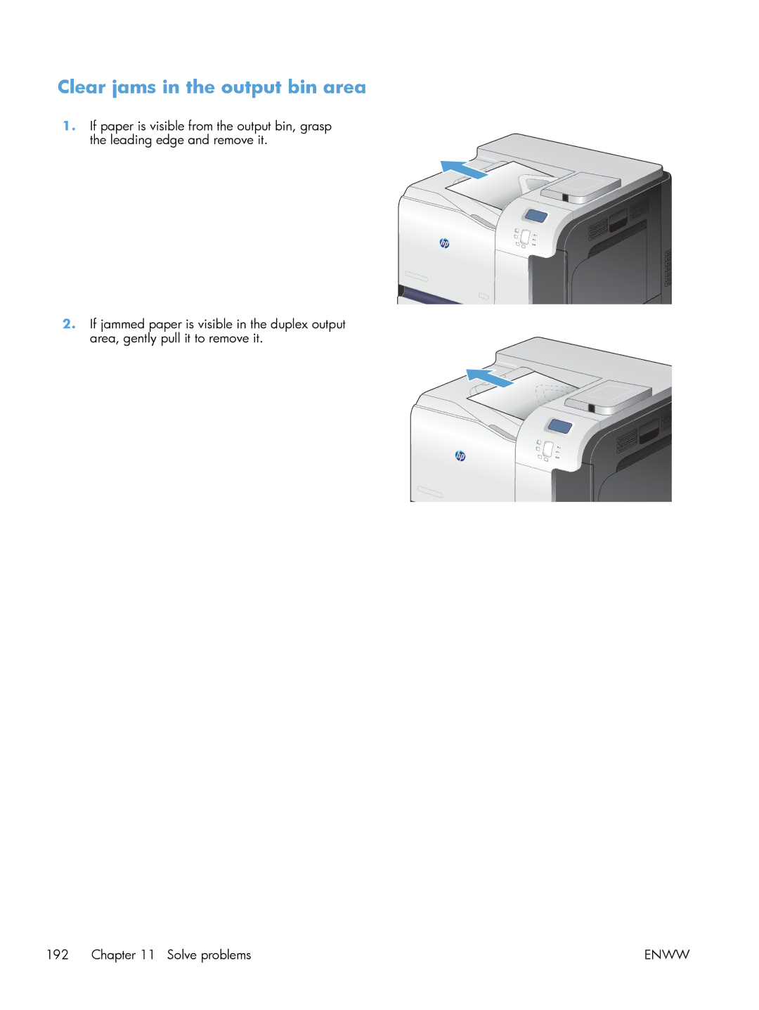 HP M551DN manual Clear jams in the output bin area 