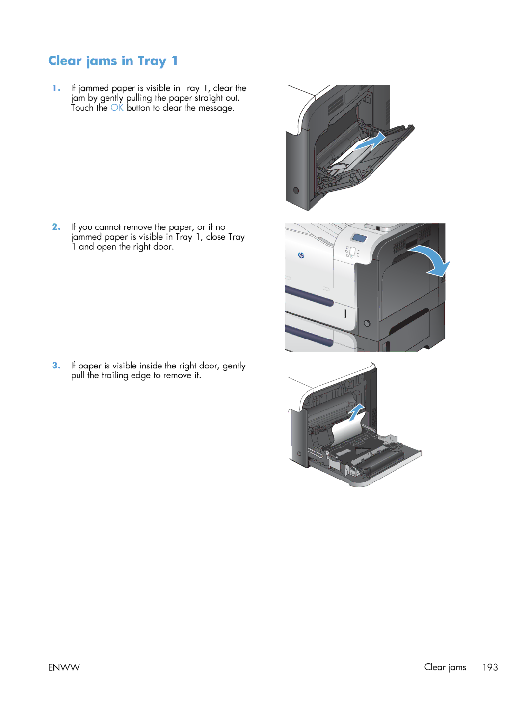 HP M551DN manual Clear jams in Tray 