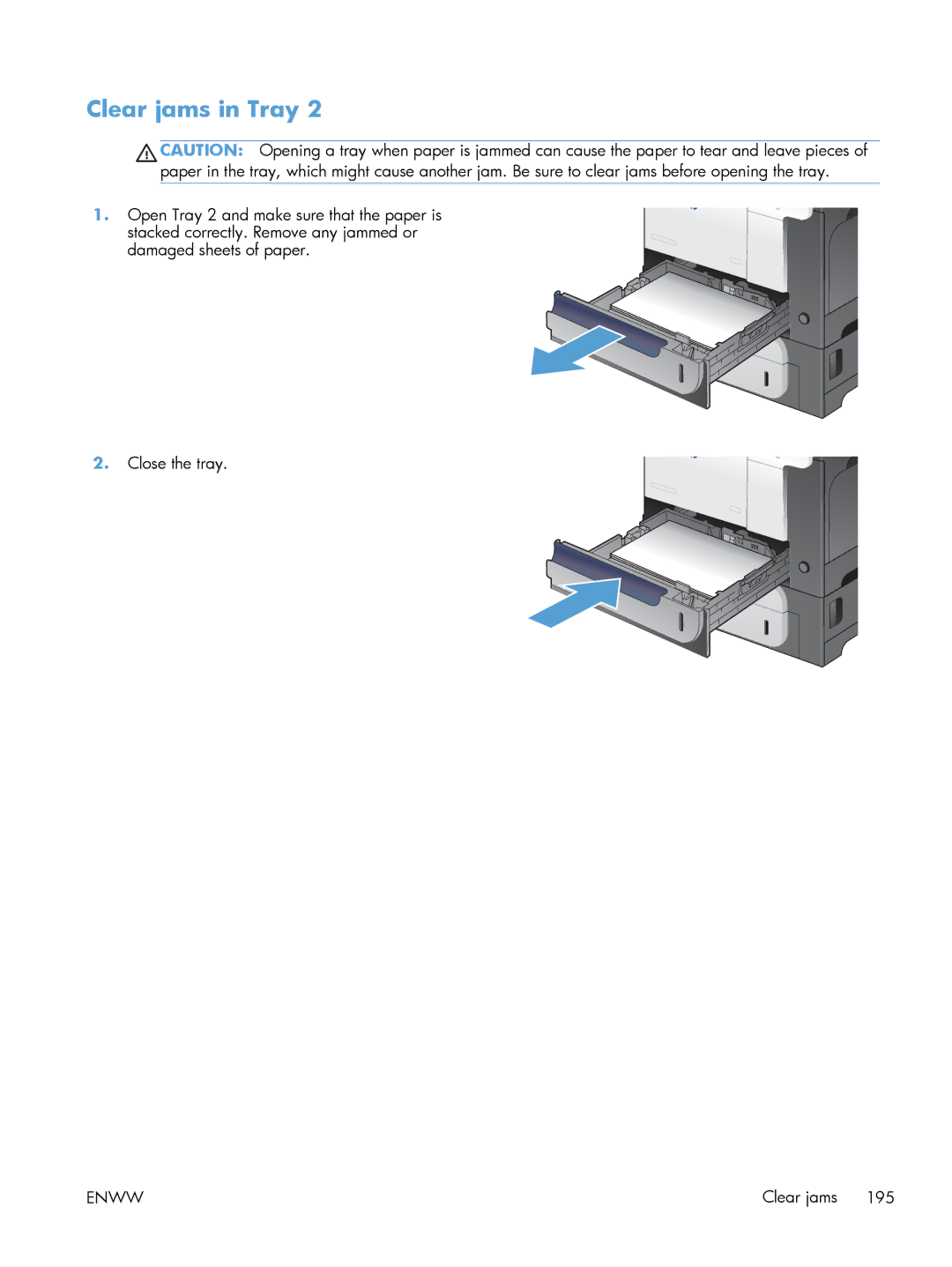 HP M551DN manual Clear jams in Tray 