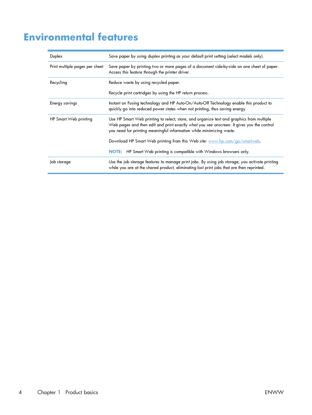 HP M551DN manual Environmental features 