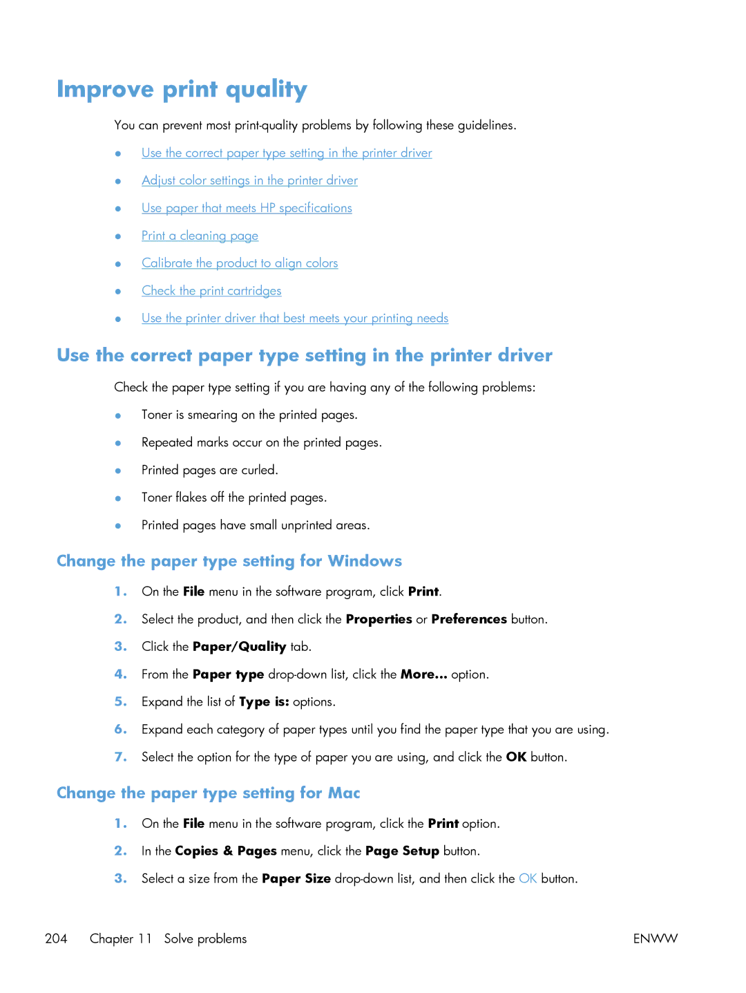 HP M551DN manual Improve print quality, Use the correct paper type setting in the printer driver 