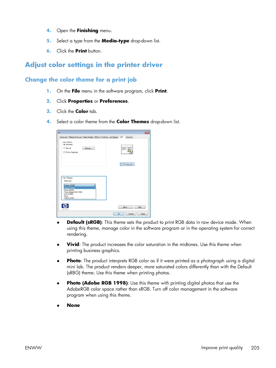 HP M551DN manual Adjust color settings in the printer driver, Change the color theme for a print job, None 