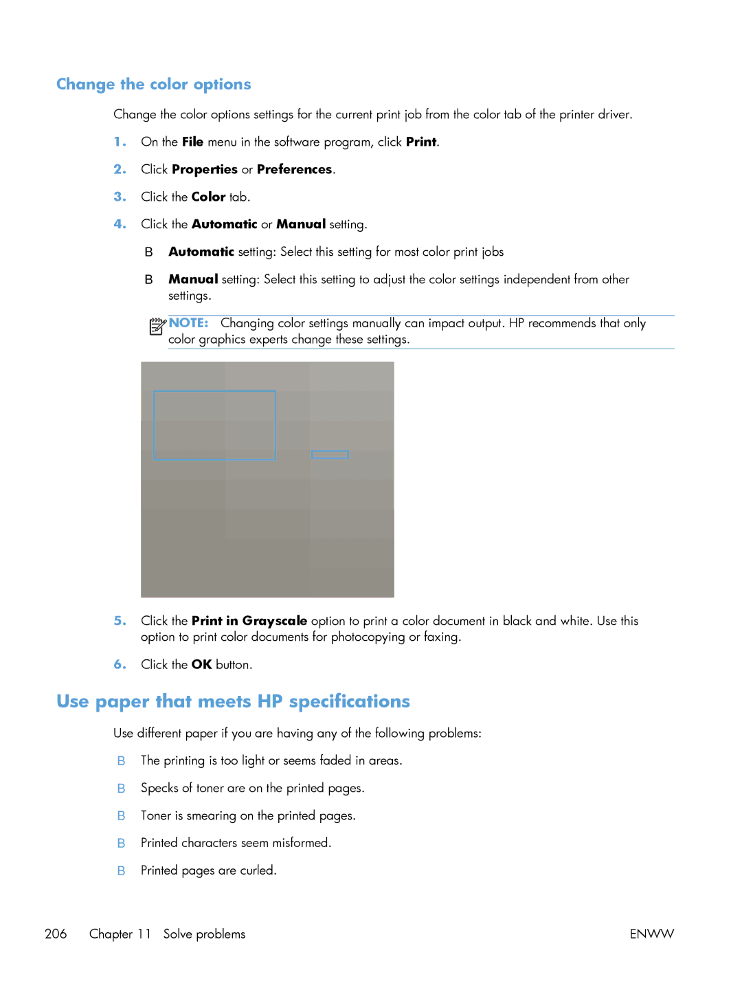 HP M551DN manual Use paper that meets HP specifications, Change the color options 