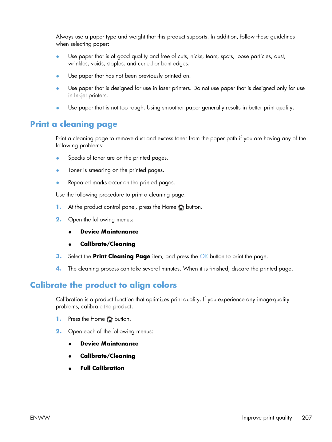 HP M551DN Print a cleaning, Calibrate the product to align colors, Device Maintenance Calibrate/Cleaning Full Calibration 