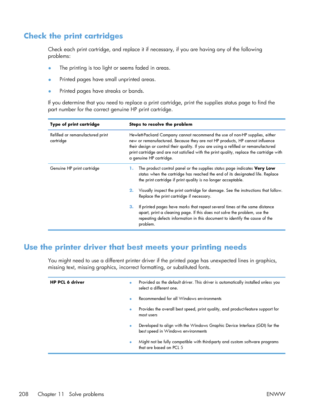 HP M551DN manual Check the print cartridges, Use the printer driver that best meets your printing needs 