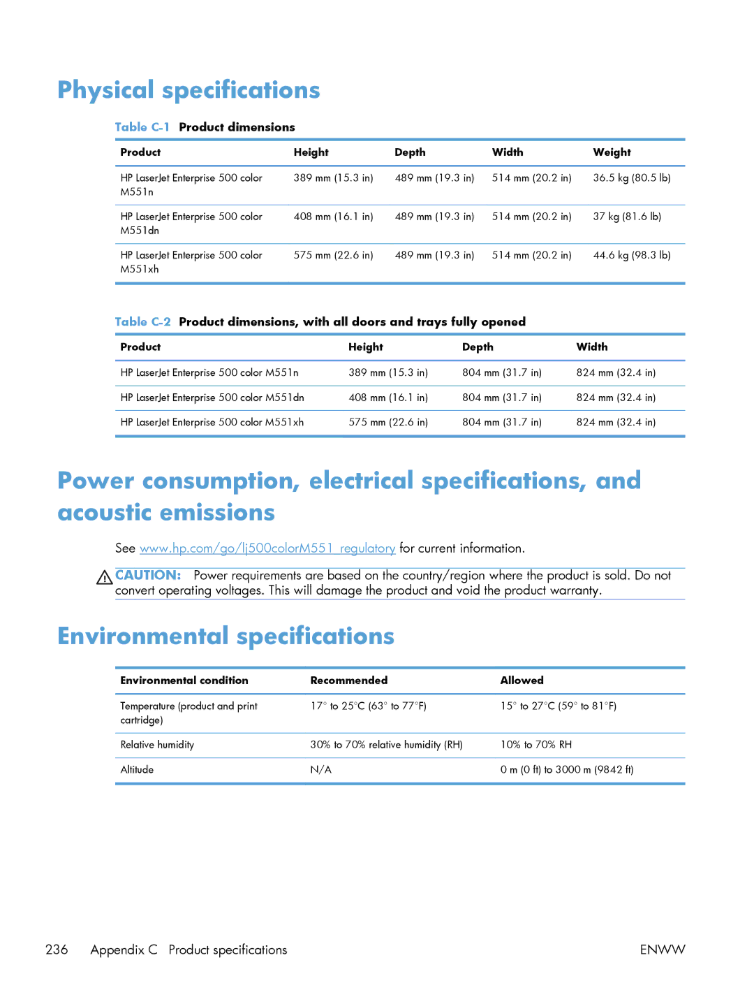 HP M551DN manual Physical specifications, Table C-1Product dimensions, Product Height Depth Width Weight 