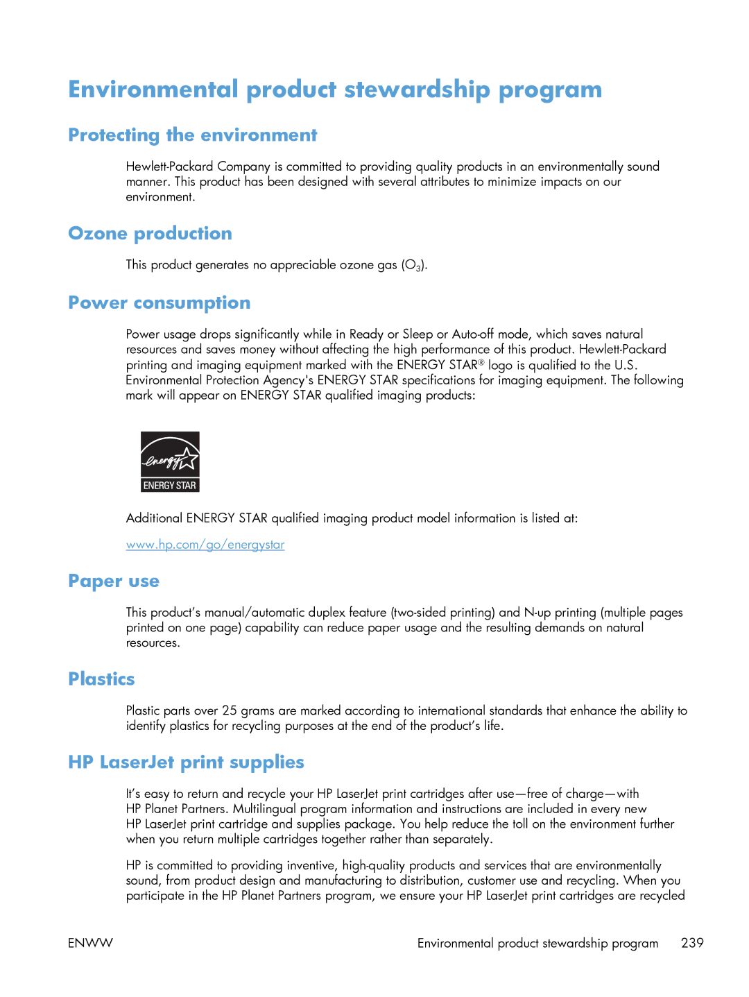 HP M551DN manual Environmental product stewardship program 