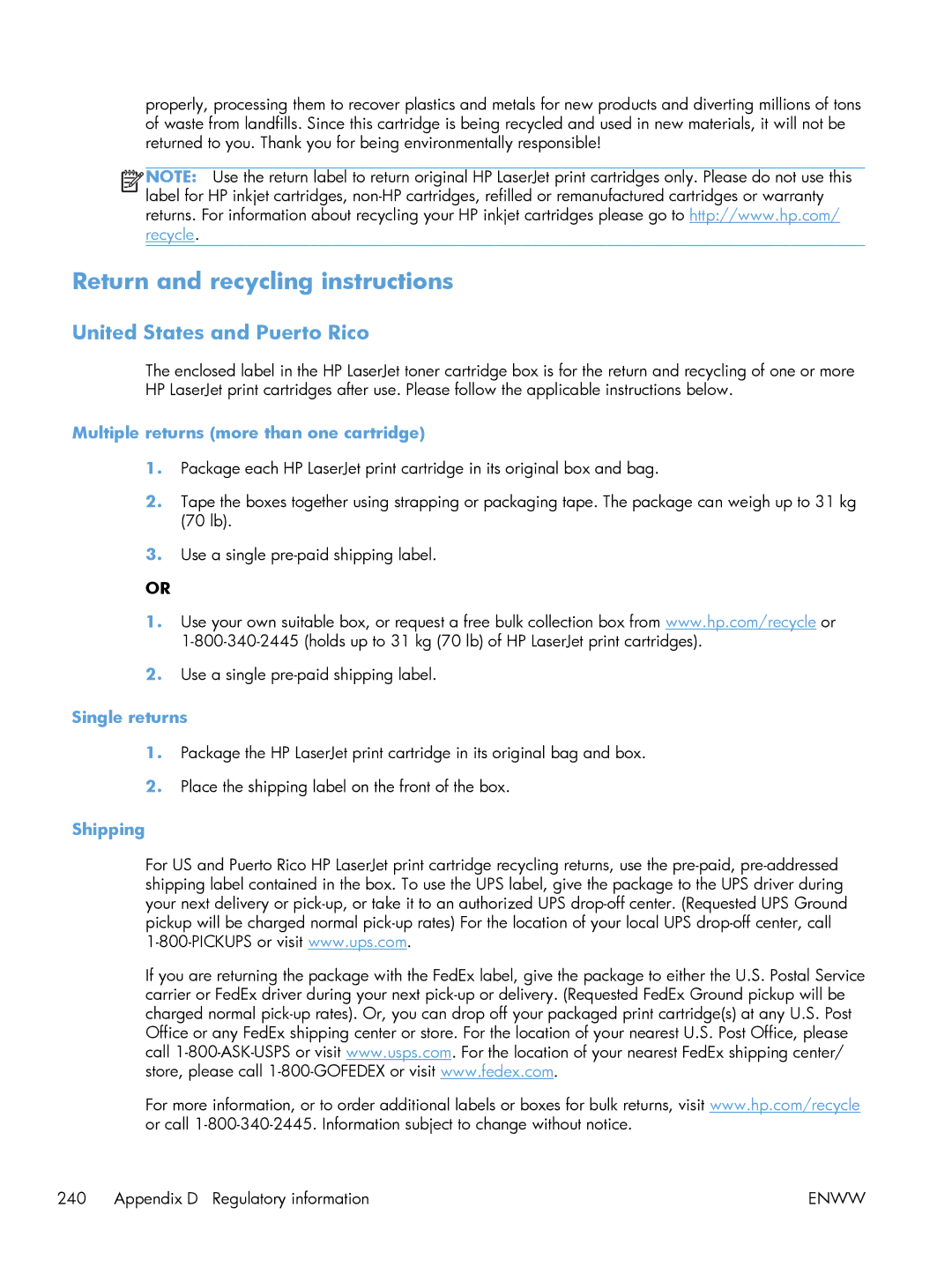 HP M551DN manual Return and recycling instructions, United States and Puerto Rico, Multiple returns more than one cartridge 