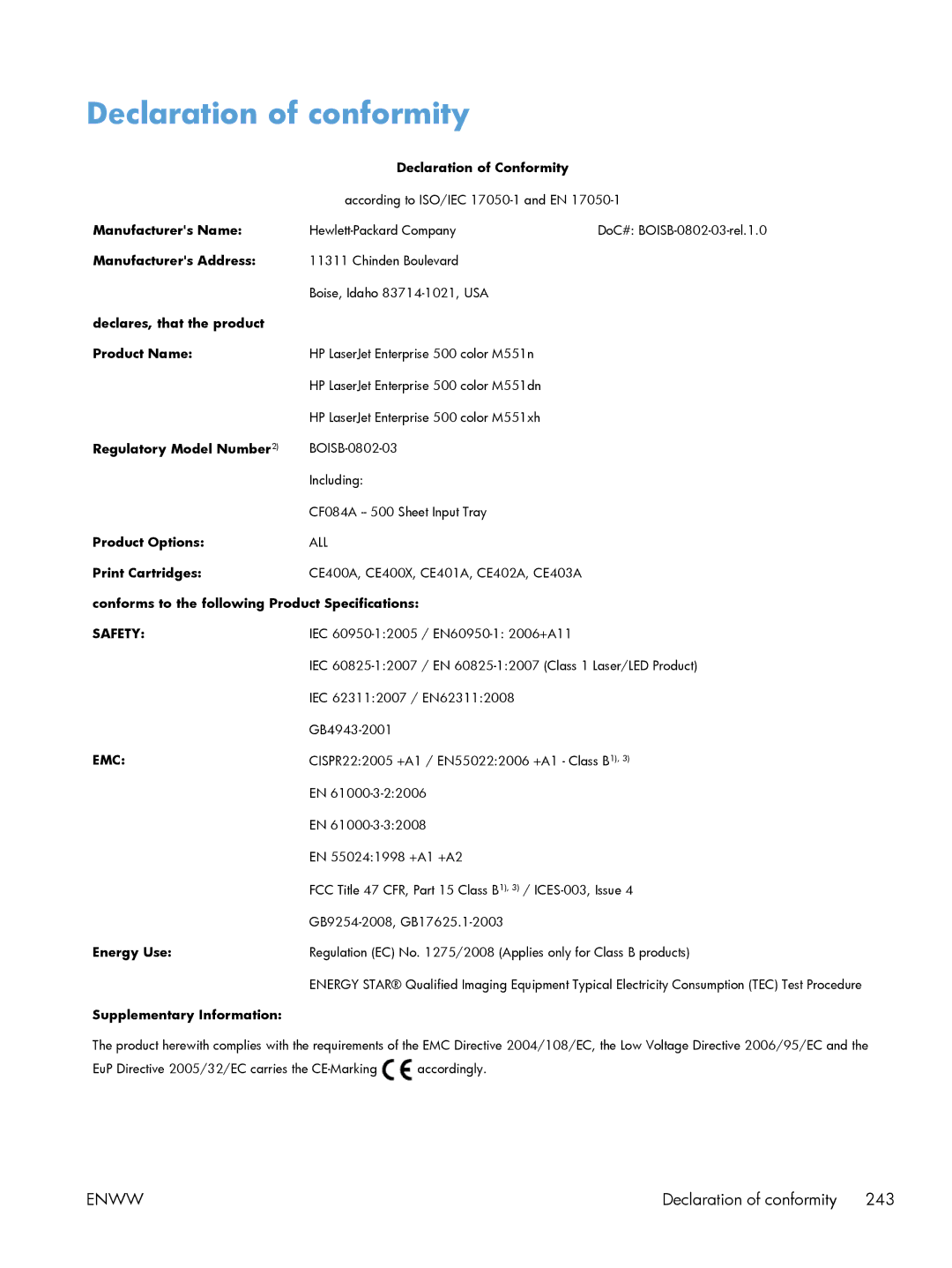 HP M551DN manual Declaration of conformity, Energy Use, Supplementary Information 