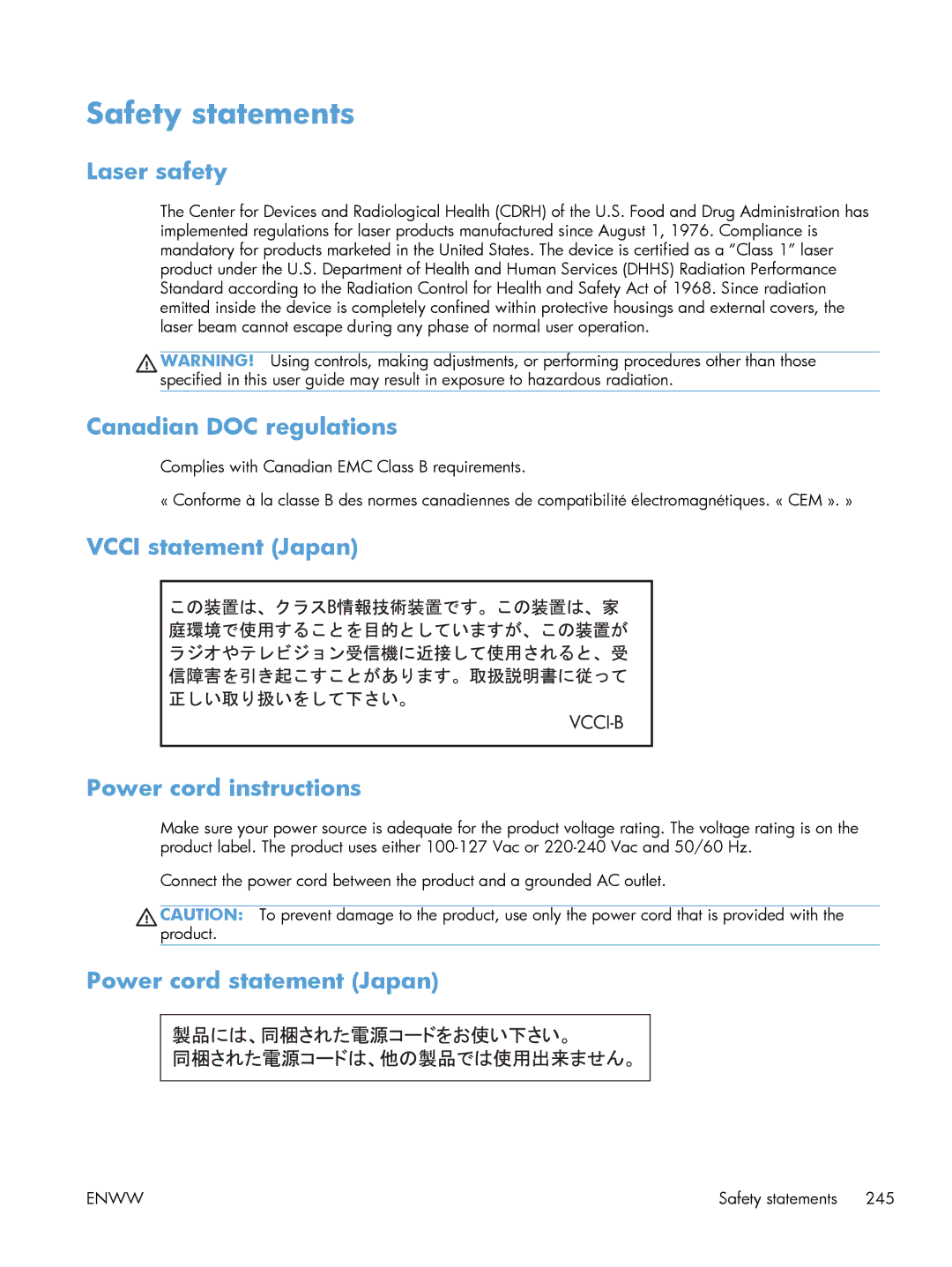 HP M551DN manual Safety statements, Laser safety, Canadian DOC regulations, Vcci statement Japan Power cord instructions 