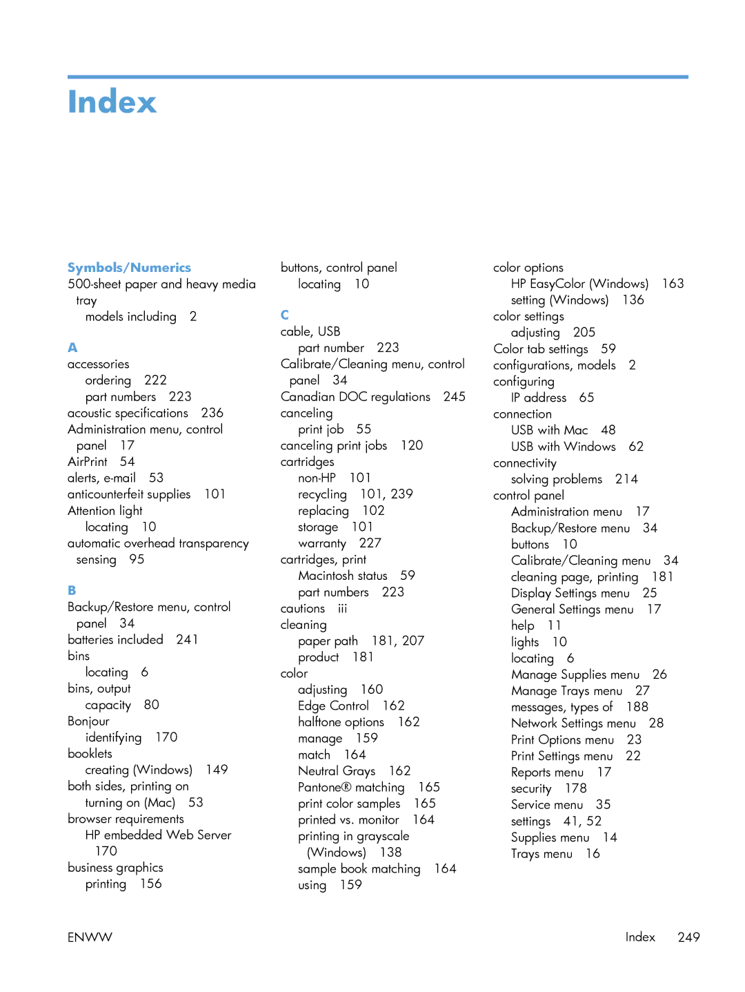 HP M551DN manual Index, Symbols/Numerics, Accessories 