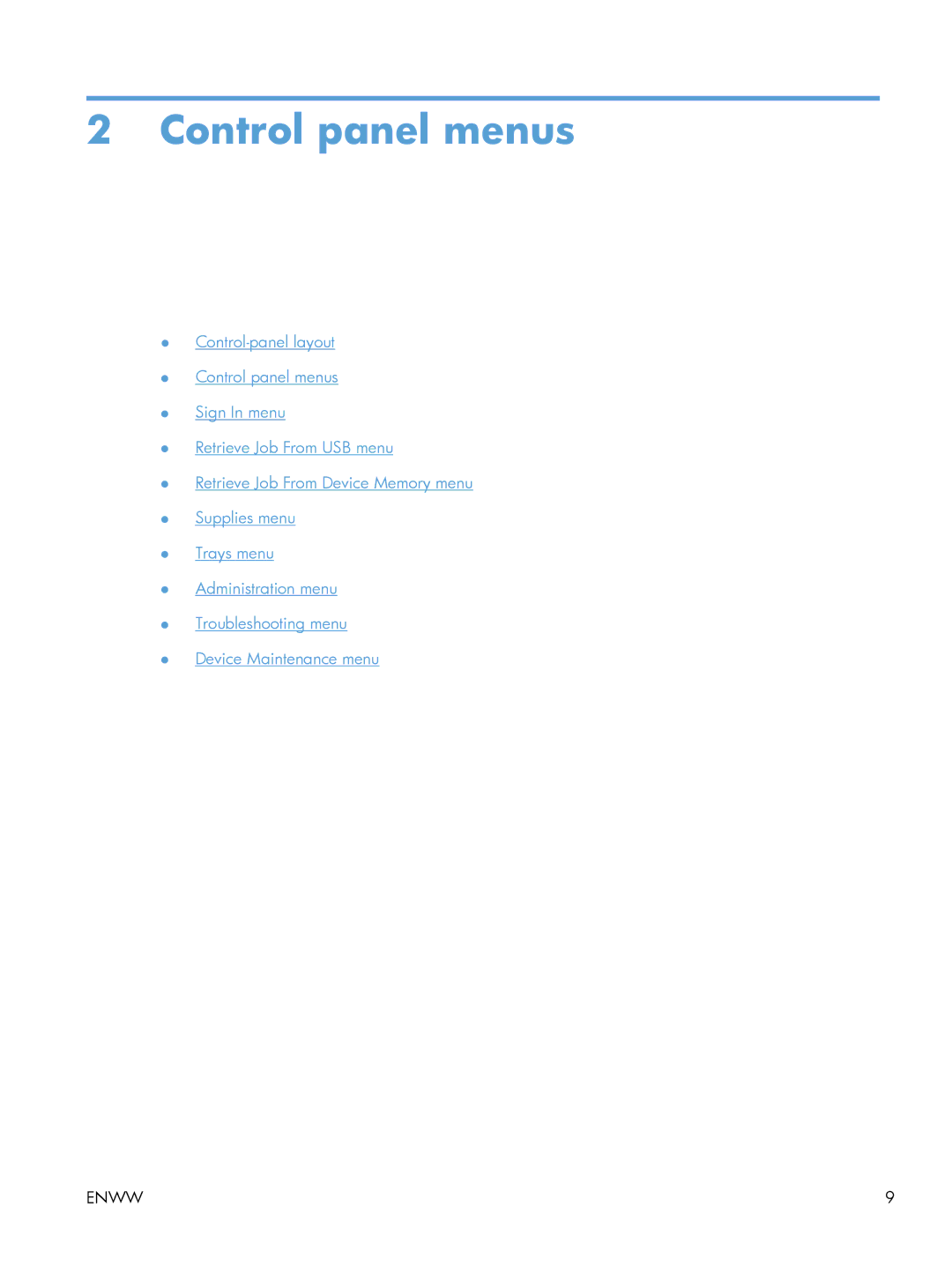 HP M551DN manual Control panel menus 