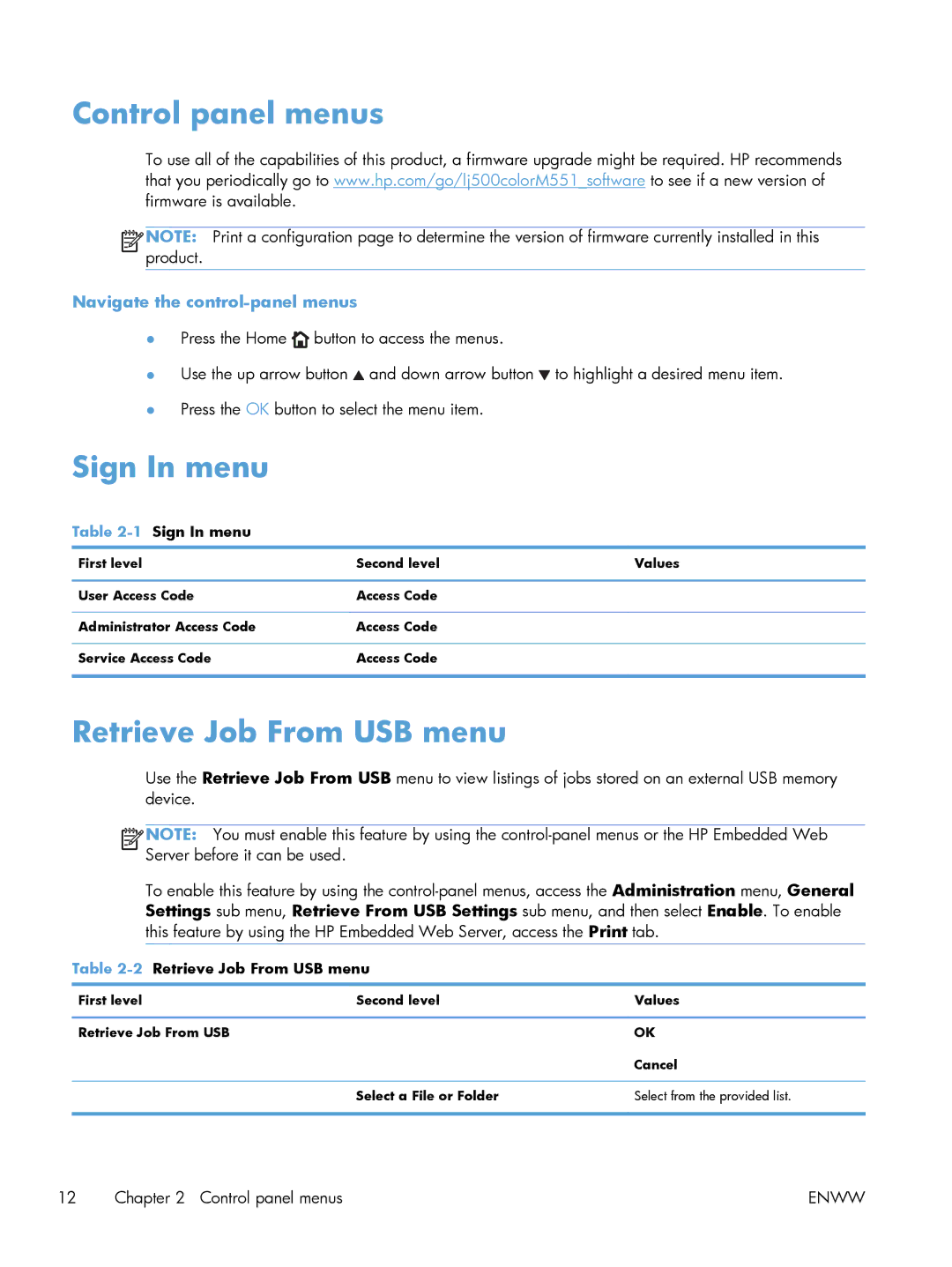 HP M551DN manual Control panel menus, Sign In menu, Retrieve Job From USB menu, Navigate the control-panel menus 