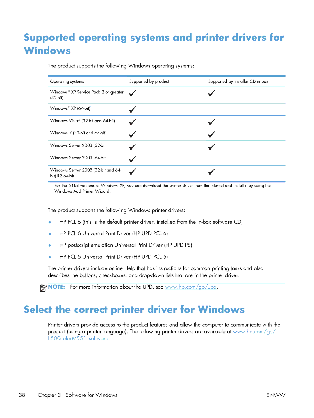 HP M551DN manual Supported operating systems and printer drivers for Windows, Select the correct printer driver for Windows 