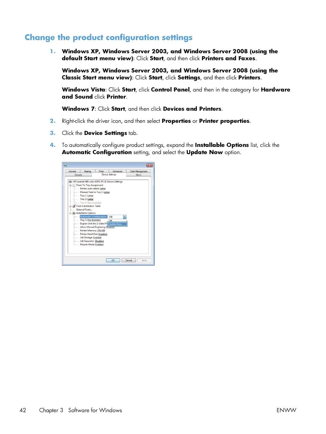 HP M551DN manual Change the product configuration settings, Click the Device Settings tab 