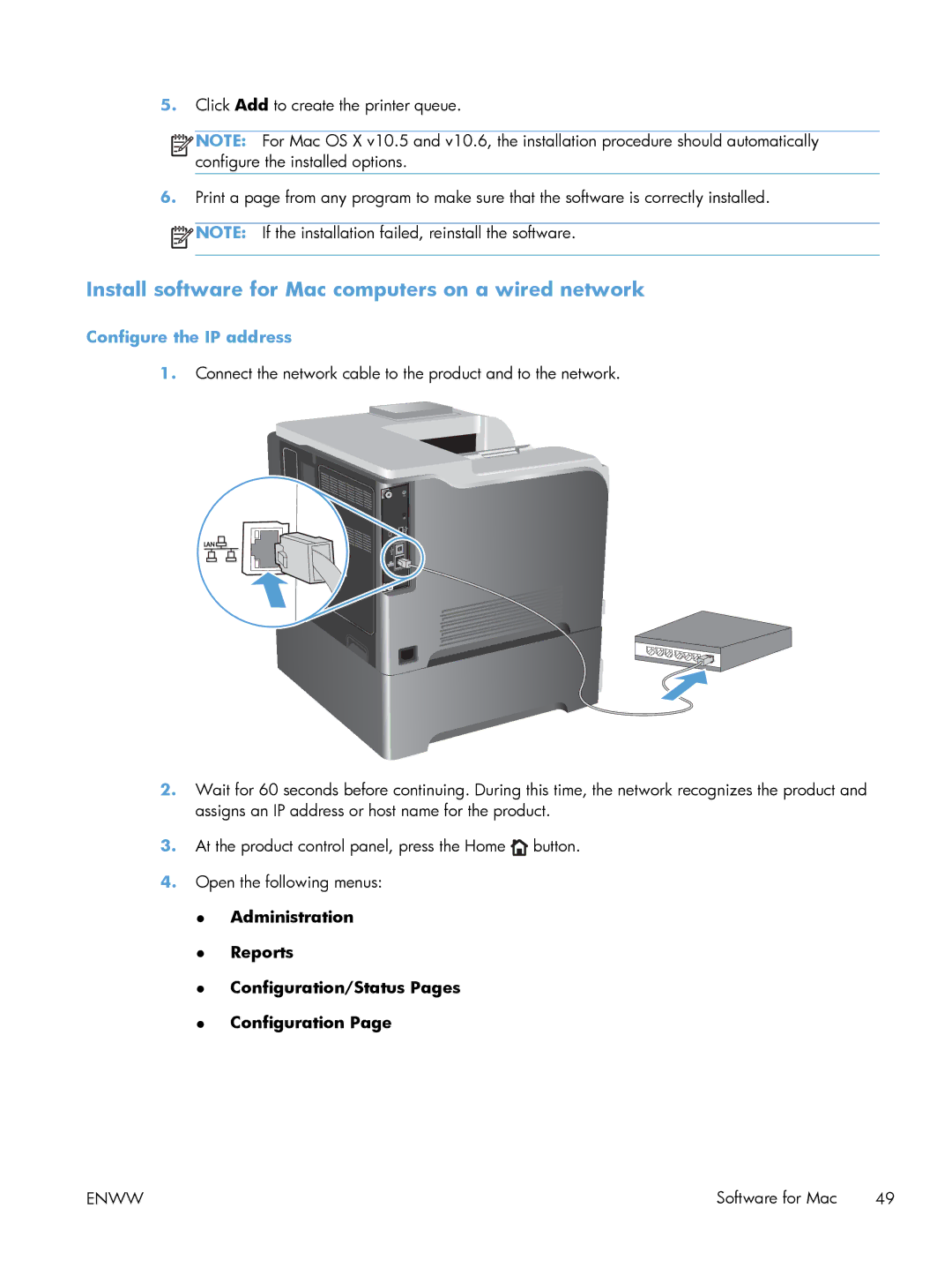 HP M551DN manual Install software for Mac computers on a wired network, Configure the IP address 