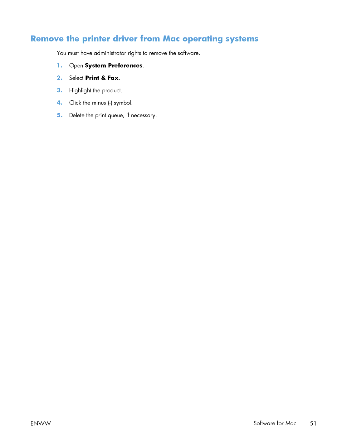 HP M551DN manual Remove the printer driver from Mac operating systems, Open System Preferences Select Print & Fax 