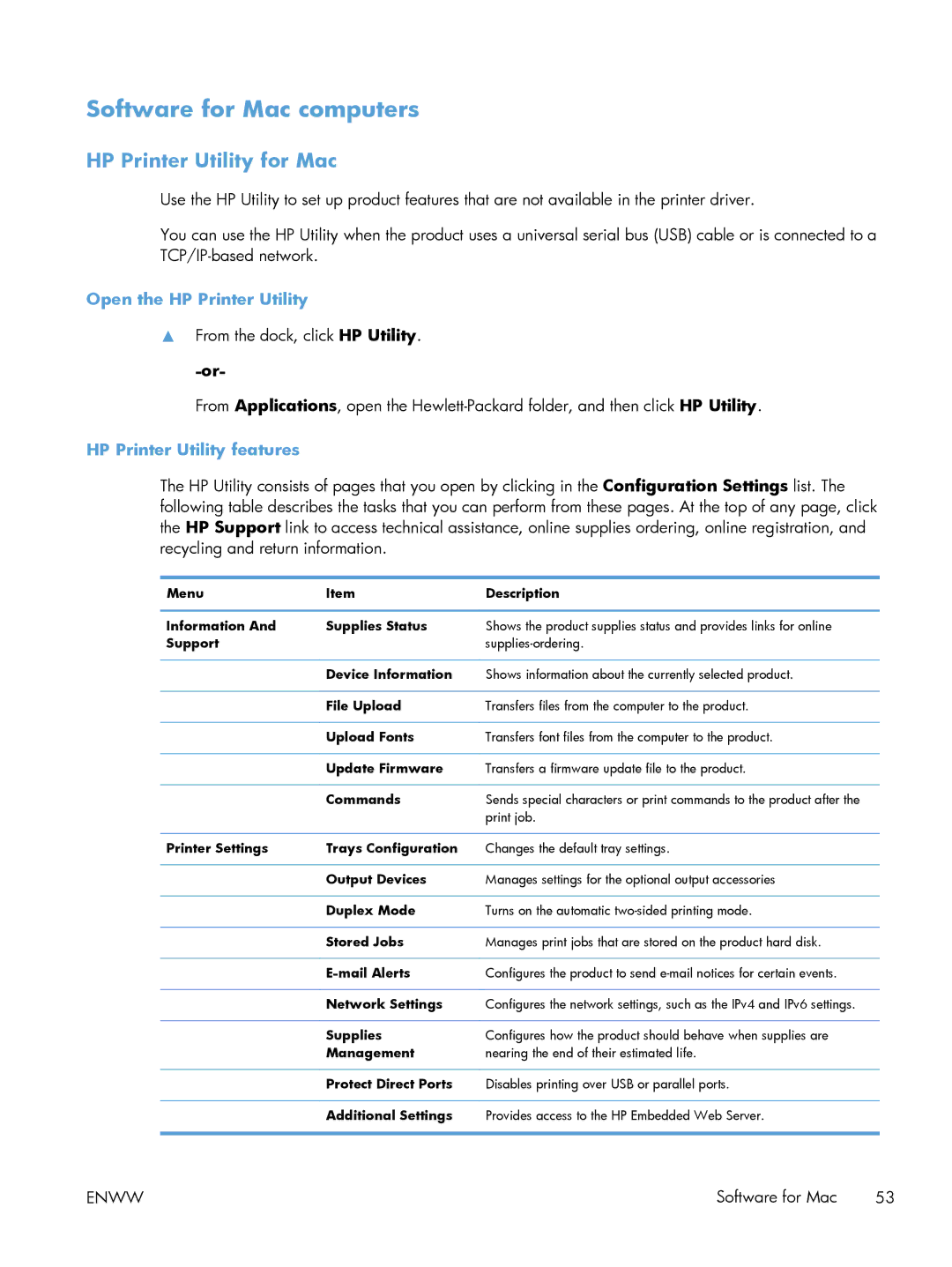 HP M551DN Software for Mac computers, HP Printer Utility for Mac, Open the HP Printer Utility, HP Printer Utility features 