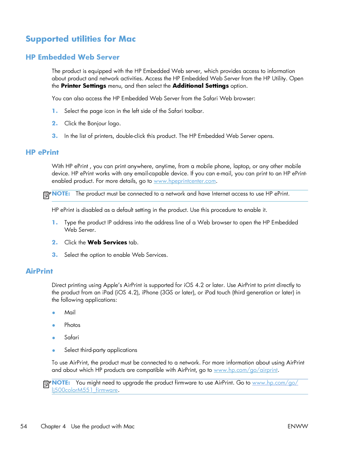 HP M551DN manual Supported utilities for Mac, HP Embedded Web Server, HP ePrint, AirPrint 