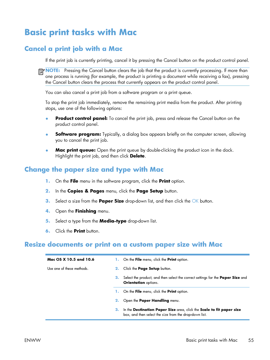 HP M551DN manual Basic print tasks with Mac, Cancel a print job with a Mac, Change the paper size and type with Mac 