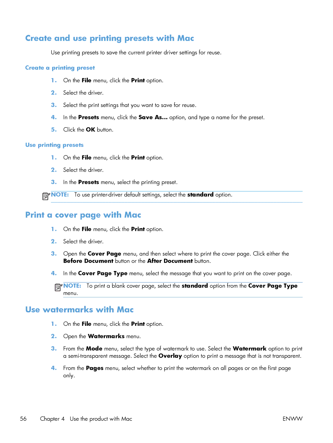 HP M551DN manual Create and use printing presets with Mac, Print a cover page with Mac, Use watermarks with Mac 