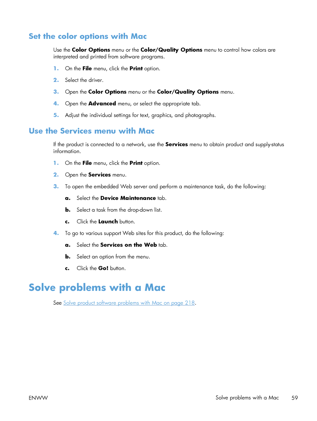 HP M551DN manual Solve problems with a Mac, Set the color options with Mac, Use the Services menu with Mac 