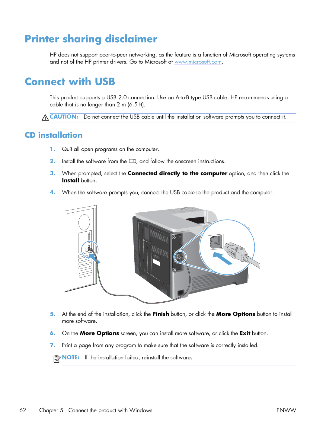 HP M551DN manual Printer sharing disclaimer Connect with USB, CD installation 