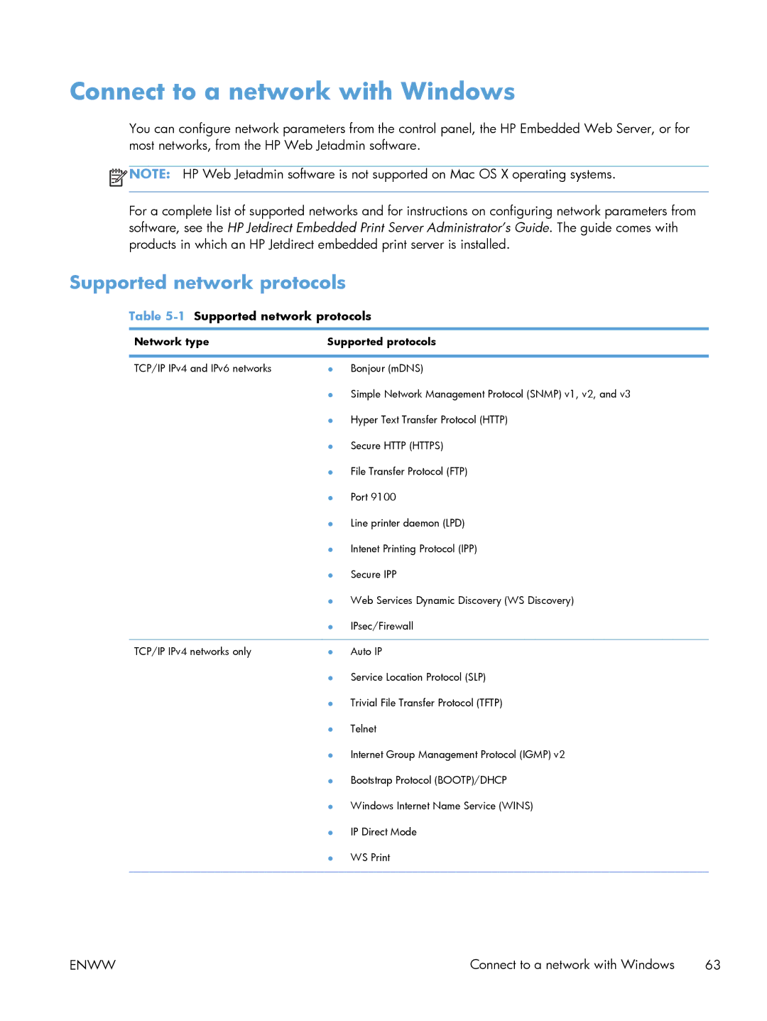 HP M551DN manual Connect to a network with Windows, 1Supported network protocols, Network type Supported protocols 